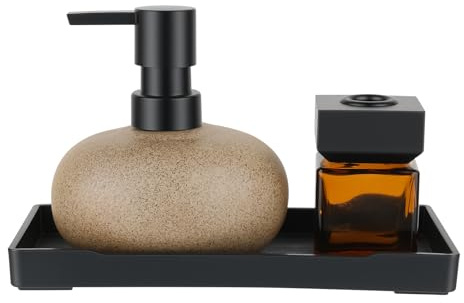Soluimarex Bathroom Countertop Soap Dispensers Set, 300ml Ceramic Soap Dispenser with Amber Glass Bottle & Black Tray, Brown Ceramic Hand Soap Dispenser for Kitchen and Bathroom Counter