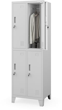 Jan Nowak Spind Metall Schliessfachschrank 4 Fächer Metallschrank abschliessbar 56 x 172 x 45 cm Sozialschrank mit Belueftung Kleiderstange Personalspind