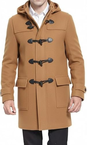 SBL SOUTH BEACH LEATHER Men’s Black Duffle Coat with Hood - Winter Wool Blend Long Car Coat - Toggle Button Closure (US, Alpha, Large, Regular, Regular, Camel)