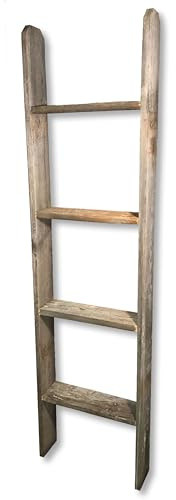 Rustic Revival | Barnwood Display Ladder – Farmhouse Decorative Ladder Made from Authentic Weathered Wood – Real Wood Leaning Ladder for Blankets, Towels & Rustic Décor