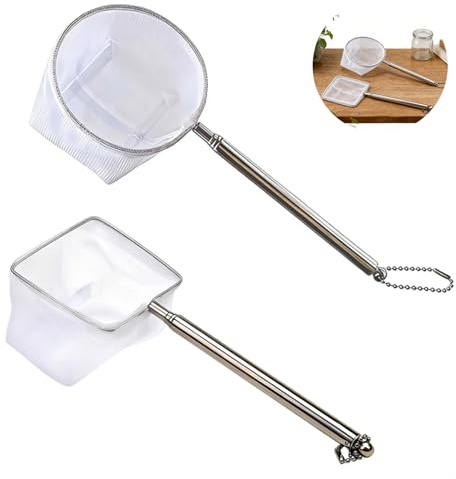 Lot de 2 Épuisette Aquarium Télescopique, Filet Aquarium Mailles Fines Carré et Rond, Manche Extensible en Acier Inoxydable pour Poisson Aquarium, Crevettes et Nettoyage des Débris, Blanc