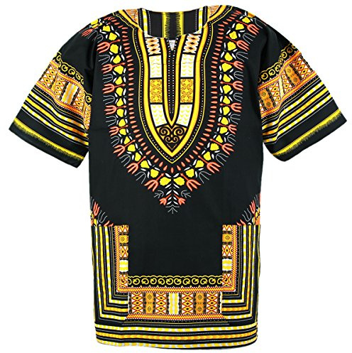 CHAINUPON African Dashiki Cotton Shirt Unisex Tribal Festival Boho Hippie Kaftan (Medium, Black Yellow)