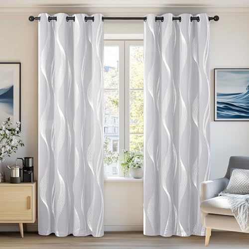 Deconovo Living Room Curtains 46 x 72 Inch Wave Line Foil Printed Thermal Insulated Blackout Curtains Window Treatment Eyelet Curtains for Children Silver Grey Two Panels