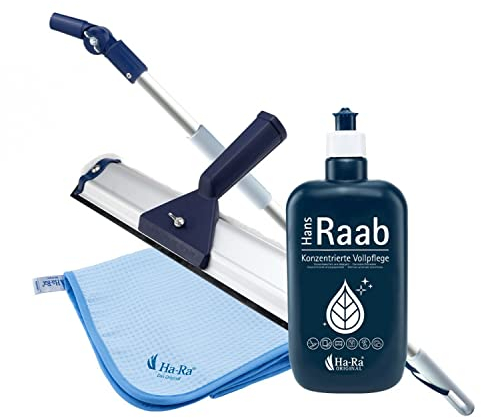 Ha-Ra Fenster-Putz-Set I Fensterwischer Standard 38 cm I Hammer Microfaser-Tuch in 50 x 67 cm I verstellbare Teleskopstange (0,66-1,00m) I Vollpflege 500 ml I Fensterputz-Zubehör