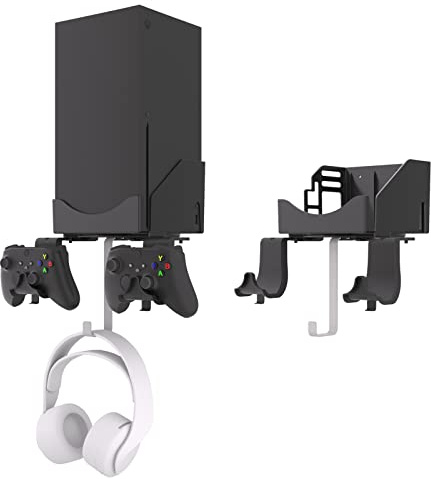 Hosanwell XBOX Series X Wall Mount Bracket Stand 4 in 1 Bundle Set, Dual Controller Holder & Headphone Hanger, Heat Dissipation, Comes with Non-Slip Mat, Cable Charging Notch, Easy Installation