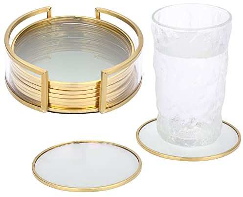 JUXYES Juego de 8 posavasos redondos de vidrio con soporte, posavasos de latón dorado para bebidas, juego de posavasos de vidrio, posavasos modernos, decoración para restaurante, cocina, bar, mesa de