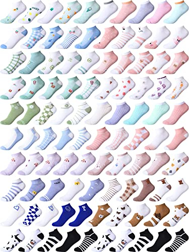 Mumufy 100 Paar Frauen Niedrige Knöchelsocken No-Show Socken Früchte Tiere Lustige Hund Katze Kuh Niedliche Socken für Mädchen Damen Geschenke, Wie abgebildet, Einheitsgröße