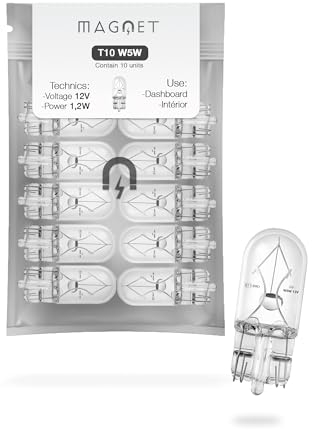 Magnet Confezione da 10 Lampadine W5W Alogene 12V 5W – T10 W2.1x9.5d – Certificate E11 – Per Luci Posizione, Interni, Targa – Compatibili Auto, Moto, Camper
