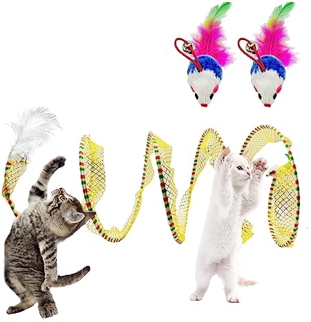 FINEASY Faltbar Katzentunnel Katzenspielzeug Interaktives, Katzenspielzeug S Katzen Tunnel, mit Federspielzeug und 3 Spielzeugmäuse, für Kaninchen Welpen Katzen Kleine Tiere