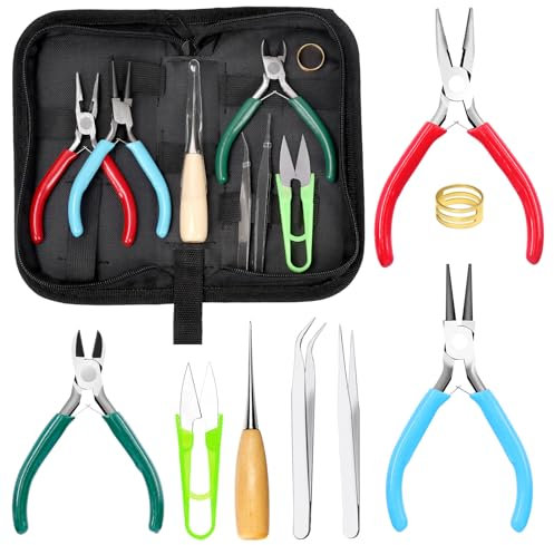 Rustark 9Pcs Jewelry Pliers Set, Long Nose Pliers, Diagonal Wire Cutter, Round Nose Bent Nose Pliers, End Cutting Pliers, Bail Making Pliers, Bead Crimping Pliers, Split Ring Plier for Jewelry Making