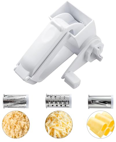 Golgner Cheese Grater Drum Grater with Crank, Parmesan Mill, Compact Cheese Grater, Parmesan Grater, Cheese Slicer with 3 Models, Stainless Steel Blade, for Cheese, Nuts, Chocolate