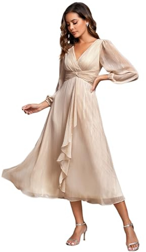 Ever-Pretty Vestido de Noche Largo para Mujer Cuello en V Mangas de Linterna Cintura Imperio Volantes Vestido de Invitados de Boda Champán 40