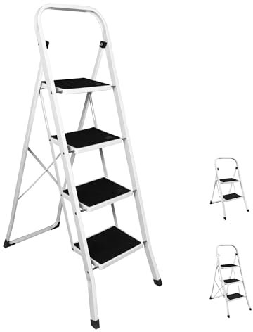 SG Traders 4 Step Ladder Folding Heavy Duty Steel Ladder Reach New Heights With Safe Durable Anti Slip Wide Tread Portable Mat Step Ladders Reliable Elevation Solution For Indoor Outdoor Stool (White)