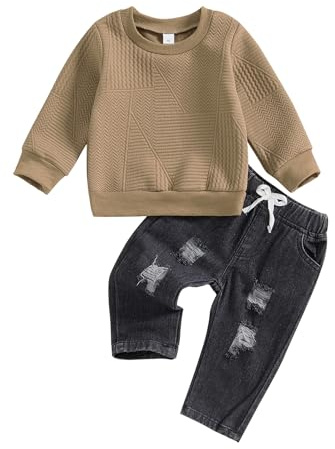 Vioyavo Kid Toddler Boy Fall Winter Denim Outfits Long Sleeve Textured Sweatshirt Jumper Ripped Jeans Denim Pants Clothes Set (Khaki, 6-12 Months)