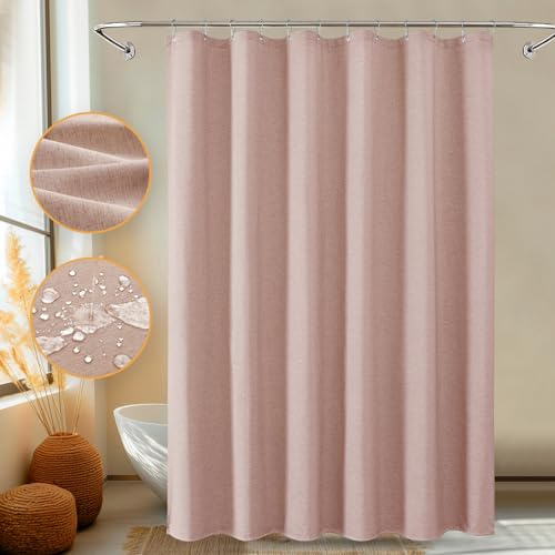 FY&XZH Linne texturerat duschdraperi, tyg duschdraperi set med krokar i rostfritt stål, 230 GSM tungt hotell lyxigt viktat baddraperi, vattentätt och tvättbart tyg duschdraperi 183 B x 183 H (rosa)