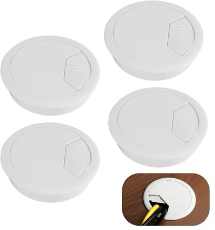 Set aus 4 Kabeldurchführungen aus Kunststoff Weiß, Schreibtischdurchführung Rund, Kabeldurchmesser 60 mm, für Push-in Desk Channel Cable Passage einfaches Verlegen von Kabeln