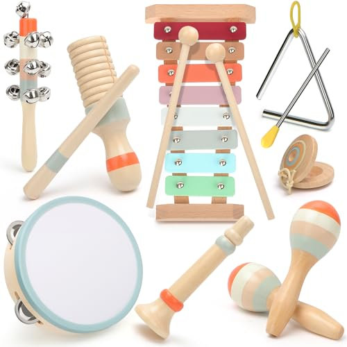 Kids Musical Instruments,Baby Musical Toys,Montessori Wooden Musical Instruments for Toddlers with Baby Maracas Tambourine Xylophone,Sensory Toys Gift for Boys And Girls over 3 Years Old (9 in 1)