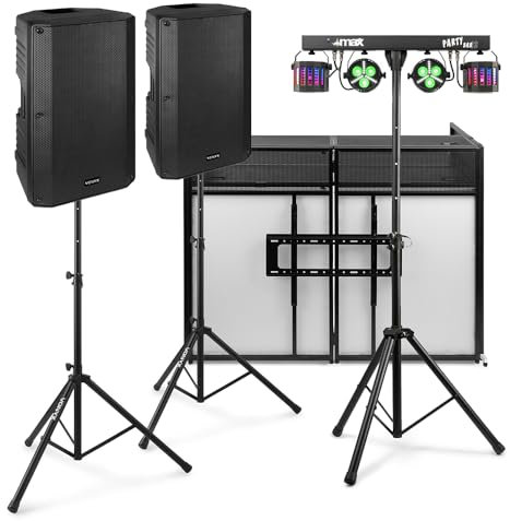 Vonyx Full DJ Setup with Active 15 Speakers, DJ Booth with TV Mount, Lighting, Stands & Accessories - Complete DJ PA System Package for Weddings, Parties & Events