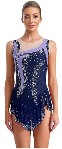 inhzoy Vestito da Pattinaggio Artistico Donna Strass Leotards Blu scuro XL
