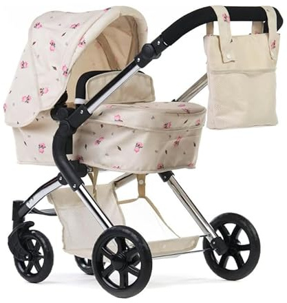 Roma Darcie Dolls Pram -Cream 2in1 with Carrycot and Doll Pushchair Seat Unit, Adjustable Handle Height, Includes Changing Bag, Shopping Basket, Foldable, Pretty Flower Design, Suitable from 3-9 Years