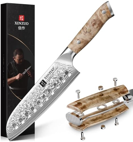 XINZUO 18cm Acero de Damasco Cuchillo Santoku -Profesional Afilado Cuchillo de Cocinero de Cocina 67 Capas de Acero de Damasco -Mango Ergonómico de Figured Sycamore Wood -con Caja de Regalo