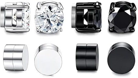 4 Pairs Magnetic Earrings for Men and Women, Non-Pierced Clip On Stud Earrings with Zircon Decoration, Stainless Steel Fake Earrings in Silver and Black, Anti-Allergy, Comfortable & Secure Magnetic De
