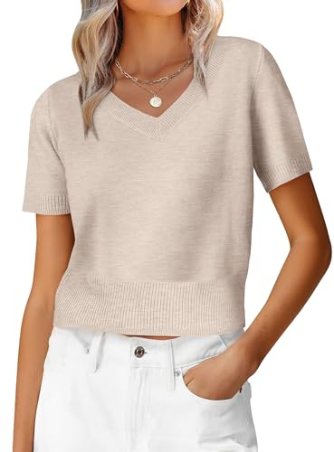 ANRABESS Womens Short Sleeve Sweaters Cropped V Neck Business Casual Lightweight Sweater Tops Summer Spring Clothes 2026 Almond Large