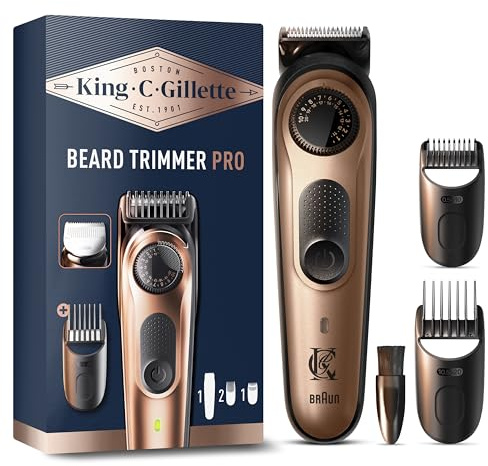 King C. Gillette Rasoio Elettrico Barba Pro, Regolabarba Uomo con 40 Impostazioni di Lunghezza e Rifinitore Precisione, Spazzolina di Pulizia, 4 Pettini Intercambiabili, Caricatore, Custodia con Zip
