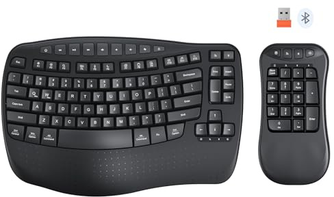MEETION Ergonomic Keyboard with Separate Numeric Keypad, Wave Wireless Flexible 2-in-1 Setup for Multi-Device, 2.4G/Bluetooth Split Design with Wrist Rest for Accountants/Data Entry/Left-Handed