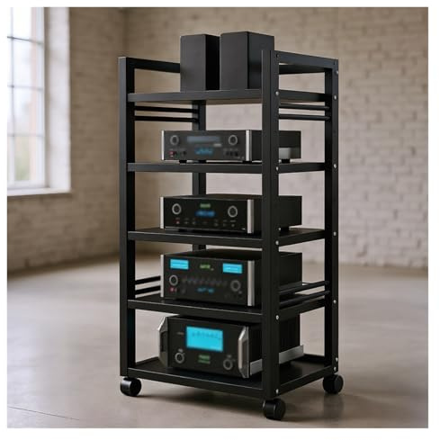 Scaffale audio Hi-Fi AV Media Stand Regolabile Giradischi Mensola Struttura in Legno e Acciaio Moderno Mensola Video per Soggiorno Camera da Letto Ufficio (nero)