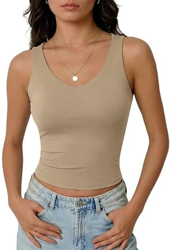 Xiaoliny Débardeur Femme Col en V Top Été Casual Double Doublure Haut Chic et Élégant Slim Fit Débardeurs de Sport Base T Shirt sans Manches Sexy Y2K Tank Tops Couleur Unie Caraco Top Élastique