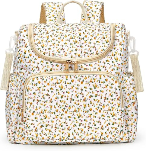 Starnearby Sac à Dos Matelassé à Langer, Sac à Langer Fleuri avec Sangles pour Poussette, Grand Sac de Voyage pour Bébé à la Maternité (Fleurs jaunes)