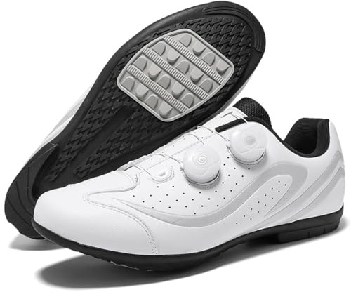 TvzsiY Scarpe da Ciclismo Flat Uomo Scarpe da Strada e Mountain Bike Traspiranti Suola in Gomma, Nessuna Serratura Scarpe da Bicicletta All'aperto,Bianca,42 EU