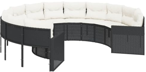 QJBSAVVA Divano da giardino rotondo in polyrattan con cuscino, elegante lounge per esterni, nero, con gruppo di sedute per terrazza e giardino, grande isola in rattan con 18 cuscini, diametro 287 cm