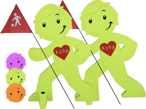 StreetBuddy - Warnfigur mit Fahne, reflektierender Warnaufsteller für Kindersicherheit - Achtung langsam Fahren - Vorsicht spielende Kinder - Schild Autofahrer Warnung - 2er Set (Grün)