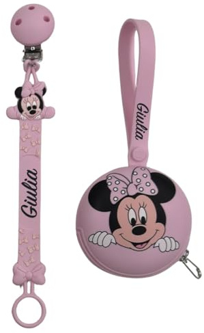 NOVITÁ Fettuccia IN SILICONE, Catenella portaciuccio personalizzata con nome FLAT BABYJART, lavabile, sicura per il bambino, compatibile con ciuccio MAM e CHICCO! (Minnie Rosa Pastello)