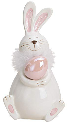 matches21, dolce coniglietto pasquale con uovo di Pasqua, in ceramica, bianco e rosa, decorazione pasquale primaverile, 1 pezzo 11 x 10 x 20 cm