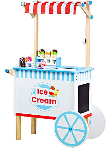 Bigjigs Toys Wooden Ice Cream Cart - 18 Pieces of Ice Cream & Lolly Toy Food with Spoons & Scoop