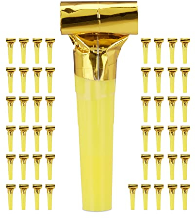 Relaxdays 10027942_259 Partytröten 50er Pack, Luftrüssel Kinder, Tröten Kindergeburtstag, Party Pack Krachmacher, Blasrüssel, gold 2 x 3 x 8 cm