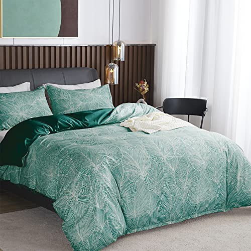 Parure de Lit Verte de Motif Feuilles Tropicales, 1 x Housse de Couette 220x240 cm 2 Personnes et 2 x Taies d'oreiller 65x65 cm, Sets de Linge Très Doux Literie avec Fermeture Eclair