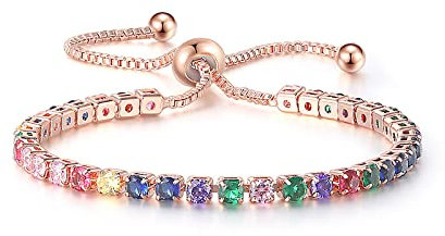 YUNCHONGuk Rose Gold Bracelet for Women, Colorful Tennis Crystal Slider Bracelet, 4mm Cubic Zirconia Adjustable, Christmas Jewellery Gifts for Lady Girls