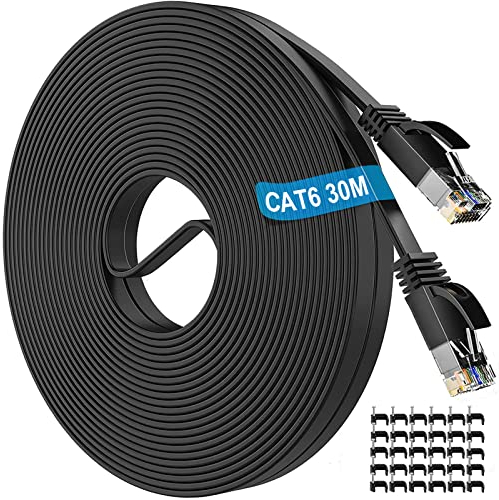 Ethernet Cable 30m Outdoor Indoor, Cat 6 Long Internet Cable High Speed, Flat Lan Network Cable 30 Meters, Gigabit Black Wifi Cable Slim RJ45 Patch Cord Compatible with Cat5/Cat6a for PC Router Modem
