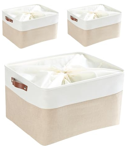 Mangata Set of 3 Storage Boxes with Drawstring, Jumbo Canvas Fabric Thickened Storage Basket for Pillow, Quilt, Shelf (XXLarge, Light Khaki/White)