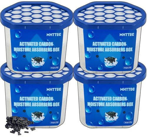MHTTEC Cajas absorbentes de humedad con carbón activado, paquete de 4 deshumidificadores de 230 g para armario, baño, sótano, dormitorio, desecante desechable para absorción de humedad de coche, para
