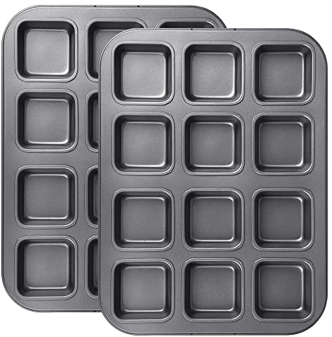 Tiawudi 2 Pack Brownie Pan, Non-stick Bakeware for Bread and Loaf, Heavy Duty Carbon Steel Mini Muffin Pan, 12-Cavity