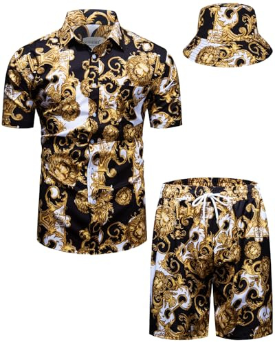 fohemr hommes baroque deux pièces luxe motif noir chemise short avec chapeau de pêcheur Casual set vacances d'été Beach set Small