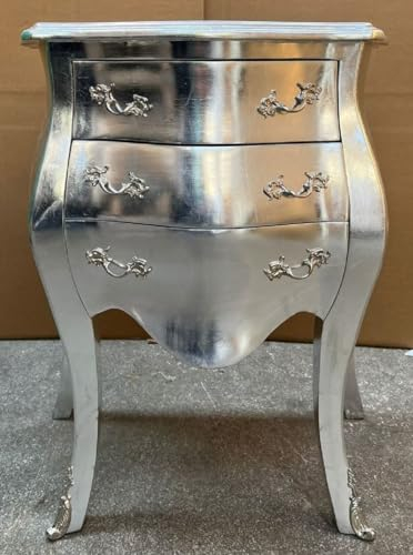 Casa Padrino Barock Nachtkommode Silber - Handgefertigte Barockstil Kommode mit 3 Schubladen - Barock Möbel - Schlafzimmer Möbel im Barockstil - Edel & Prunkvoll