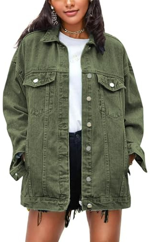 Omoone Women's Oversized Mid Long Denim Jacket Jean Biker Coat(0199-Green-L)