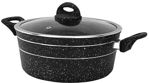 Royalford Casserole Dish with Tempered Glass Lid | Cooking Pot, Induction Stockpot Saucepan with Non-Stick Granite Coating | Forged Aluminium Cookware, Suitable for Multiple Hobs | Black (26 CM)