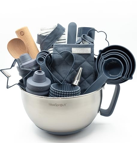 Ultimate Baking Kit for Kids - Kids Baking Set with Child Sized Utensils - Includes Apron, Oven Mitts, Silicone Mats & Liners - Perfect Cooking Set for Ages 6-12 - Navy Blue